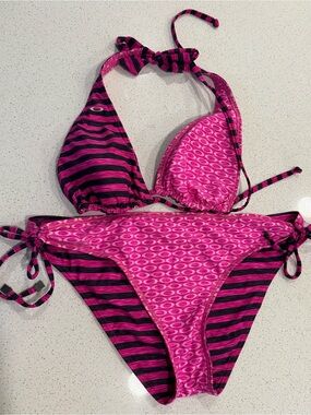 Oakley Pink & Gray Striped Reversible Bikini Set